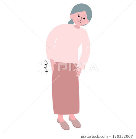 Illustration of a full-body elderly woman suffering from back pain Illustration of a full-body elderly woman suffering from back pain 120332007