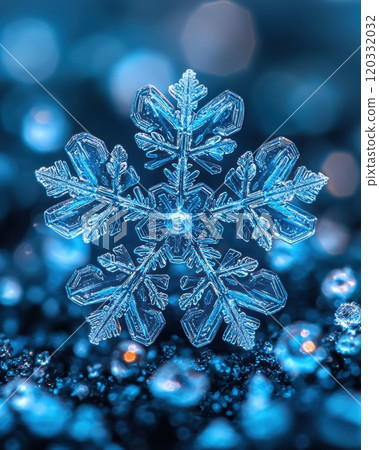 An Intricate Ice Crystal beautifully showcased on a Sparkling Blue Background, captivating all 120332032