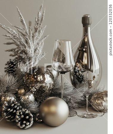 An Elegant Silver Christmas Decoration Accompanied by Wine and Beautiful Ornaments 120332036