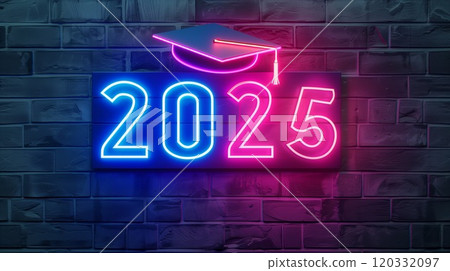 Neon sign of 2025 Graduation cap icon. Generative AI 120332097
