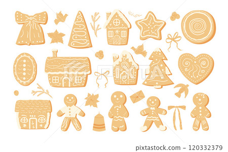 Gingerbread cookies set isolated on white background. Bow, evergreen tree and ginger house and man. Homemade festive baking. Christmas sweet dessert with frosting decor. Vector hand drawn illustration Gingerbread cookies set isolated on white background. Bow, evergreen tree and ginger house and man. Homemade festive baking. Christmas sweet dessert with frosting decor. Vector hand drawn illustration 120332379
