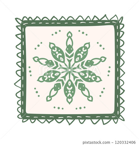 Snowflake ornament and retro frame. Vector hand drawn illustration isolated on white background. Snowflake ornament and retro frame. Vector hand drawn illustration isolated on white background. 120332406