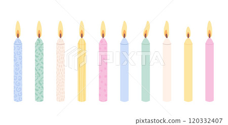 Birthday candles set. Pastel colors decoration for anniversary and festive. Vector flat illustration collection isolated on white background. Birthday candles set. Pastel colors decoration for anniversary and festive. Vector flat illustration collection isolated on white background. 120332407