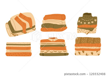 Laundry pile set. Stack of washed clothes and home textile. Sweaters and dress vector flat illustration collection isolate on white background. Laundry pile set. Stack of washed clothes and home textile. Sweaters and dress vector flat illustration collection isolate on white background. 120332408