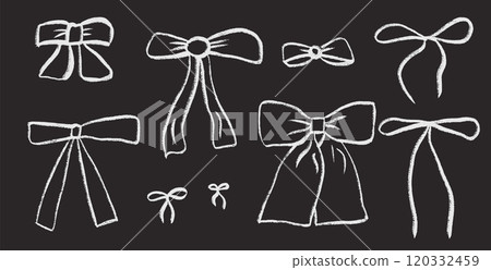 White crayon bows. Coquette ribbons set in doodle style. Chalk drawing bowknots isolated on dark background. Vector illustration. White crayon bows. Coquette ribbons set in doodle style. Chalk drawing bowknots isolated on dark background. Vector illustration. 120332459