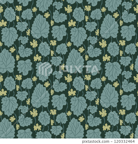 Heuchera and geranium foliage allover endless background. Stylized leaves with a dark green background seamless pattern. Surface pattern design secret garden motif. Vector hand drawn illustration. 120332464