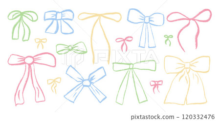 Crayon colorful bows set. Coquette ribbons collection for gift decoration. Vector illustration isolated on white background. Crayon colorful bows set. Coquette ribbons collection for gift decoration. Vector illustration isolated on white background. 120332476
