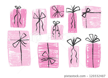Crayon gift box set. Holiday present in pink color wrap paper with simple ribbon decoration. Scribble naive style festive elements. Vector illustration on white background. 120332487