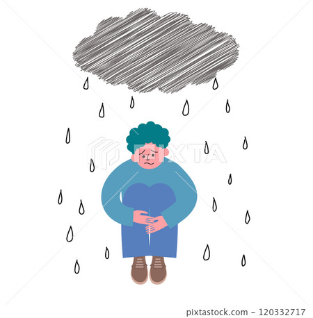An illustration of rain falling from a raincloud above the head of a young man who is depressed and holding his knees An illustration of rain falling from a raincloud above the head of a young man who is depressed and holding his knees 120332717