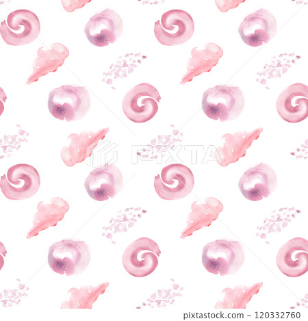 Shells and watercolor splash in soft pink colors monochrome seamless pattern isolated. Design baby textile of fantasy pink swirls and cloud shapes hand painted on repeated background. Girly sea print. 120332760