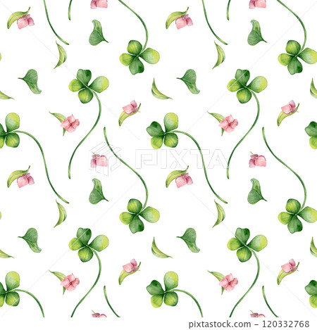 Shamrock and little pink flowers watercolor illustration on seamless pattern isolated. Floral design with green four lucky leaves on repeated background. Clover hand drawn in botanical sketch art. 120332768