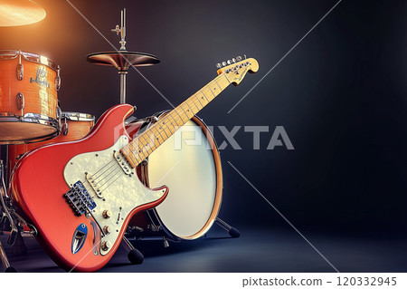 Vibrant Musical Instruments on Stage Featuring Classic Guitar and Drum Set in Dramatic Lighting for Live Performance Showcase 120332945