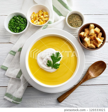 Corn soup and ingredients 120333021