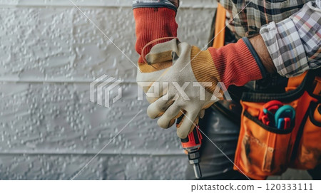 HVAC technician's hands with tools in a close-up, emphasizing skill and technical proficiency. HVAC service technician. Copyspace 120333111
