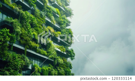 1. Vertical garden installation covering the exterior of a high-rise building 120333114