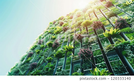 3. Exterior of high-rise building featuring a vertical garden setup 120333140