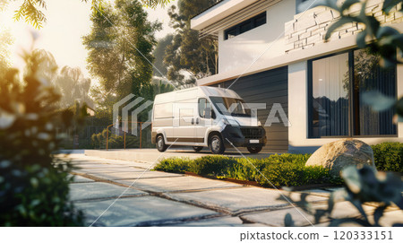 Cleaning service van with branding parked in front of a house, showcasing professional home cleaning services. Cleaning company. Copyspace 120333151