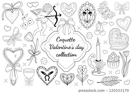 Valentine's Day line art hand drawing collection. girly coquette y2k aesthetic set, elegant vintage accessory. Lovely cute collection, red cherrie, pink ribbon, bow, heart, cupid. Vector illustration Valentine's Day line art hand drawing collection. girly coquette y2k aesthetic set, elegant vintage accessory. Lovely cute collection, red cherrie, pink ribbon, bow, heart, cupid. Vector illustration 120333170