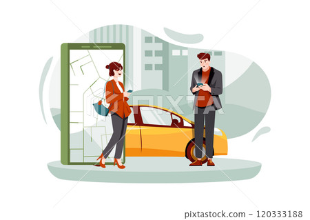 Taxi driver getting the location of the new ride Taxi driver getting the location of the new ride 120333188