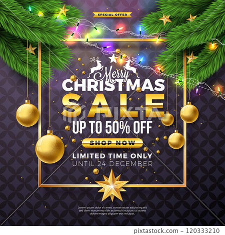 Christmas Sale Design with Gold Ornamental Ball and Typography Lettering on Black Background. Holiday Vector Business Illustration with Special Offer Elements for Coupon, Voucher, Banner, Flyer 120333210