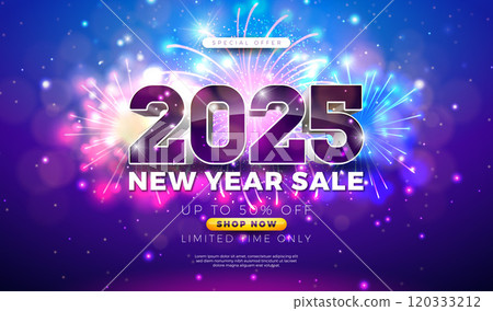 Happy New Year Sale 2025 Design with 3d Typography Lettering and Gold Christmas Ball on Red Background. Holiday Special Offer Campaign Discount Illustration for Coupon, Voucher, Banner, Flyer 120333212