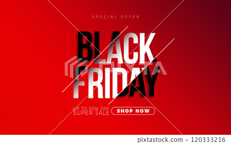 Black Friday Sale Banner with Typography Lettering on Red Background. Vector Black Friday Shopping Holiday Season Design for Discount Offer, Promotion Flyer, Advertising Poster, Fashion Ads and Social Black Friday Sale Banner with Typography Lettering on Red Background. Vector Black Friday Shopping Holiday Season Design for Discount Offer, Promotion Flyer, Advertising Poster, Fashion Ads and Social 120333216