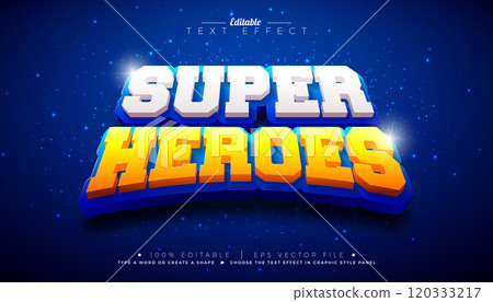 Super Heroes 3D Text Effect Design Editable and Scalable Vector Graphic Style Effect with Yellow and White Typography Lettering with Shadow on Blue Background. Premium Movie Illustration Template for 120333217