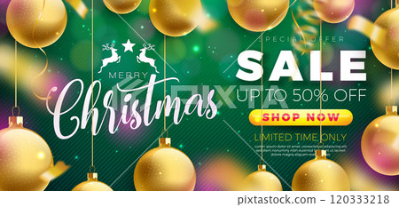 Christmas Sale Design with Gold Ornamental Ball and Falling Confetti on Green Background. Holiday Vector Business Illustration with Special Offer Typography Elements for Coupon, Voucher, Banner, Flyer 120333218