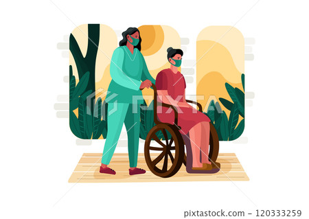 Nurse pushing wheelchair of patient 120333259