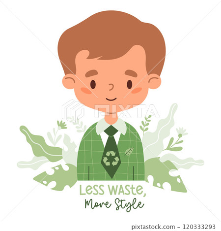Cute stylish Boy child in fashionable clothes made from recycled green material. Eco friendly clothing and ecology. Recycle and environmental care concept. Vector illustration 120333293