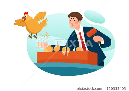 Businessman breaking the golden egg and flying hen 120333403