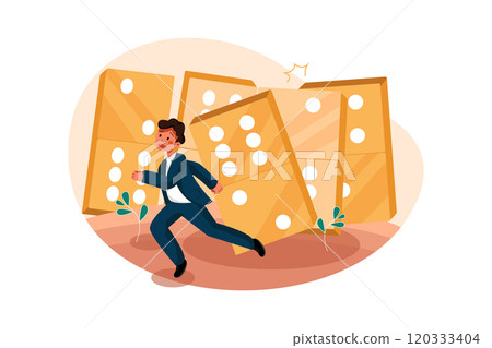 Businessman escaping from falling dominos Businessman escaping from falling dominos 120333404