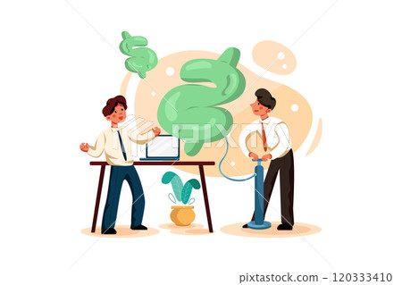 Businessman pumping air in dollar shape balloon Businessman pumping air in dollar shape balloon 120333410