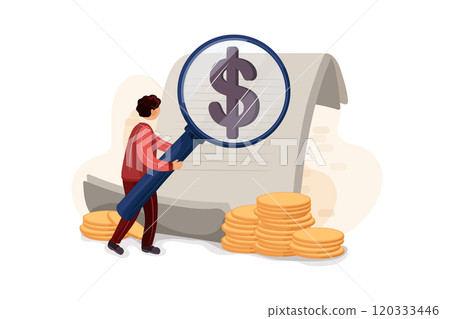 Businessman looking on dollar through magnifying glass 120333446