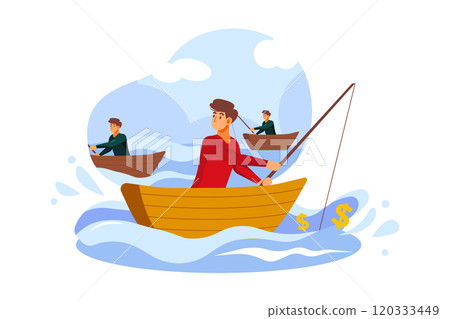 Businessman fishing dollar sitting in boat 120333449