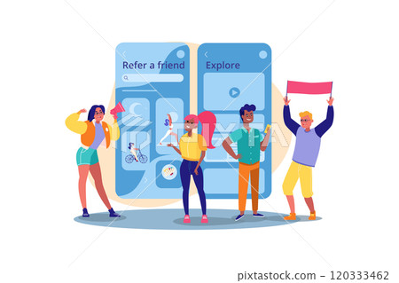 Refer a friend concept. A group of young active people with flag shouting in loud speaker. Referral marketing strategy banner, landing page template, ui, web, mobile app, poster, banner, flyer. Refer a friend concept. A group of young active people with flag shouting in loud speaker. Referral marketing strategy banner, landing page template, ui, web, mobile app, poster, banner, flyer. 120333462
