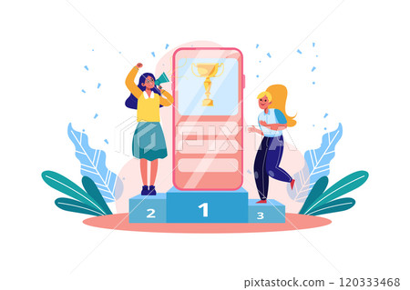 Vector illustration of people standing near smartphone and shouting in loud speaker. Refer a friend, refer and earn, win a prize concept for social media banners, advertising, web design, flyers. Vector illustration of people standing near smartphone and shouting in loud speaker. Refer a friend, refer and earn, win a prize concept for social media banners, advertising, web design, flyers. 120333468