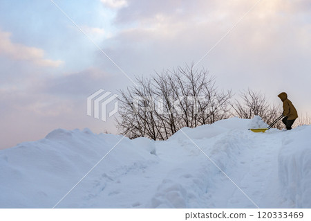 A young woman shoveling snow with a snow dump A young woman shoveling snow with a snow dump 120333469