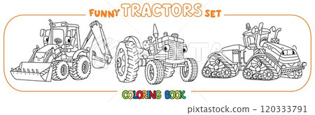 Funny vector tractors with eyes. Coloring book set 120333791