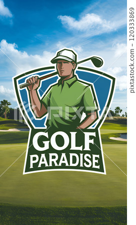 A golf logo with the text "Golf Paradise" and a golfer holding a club and standing on a golf course A golf logo with the text "Golf Paradise" and a golfer holding a club and standing on a golf course 120333869