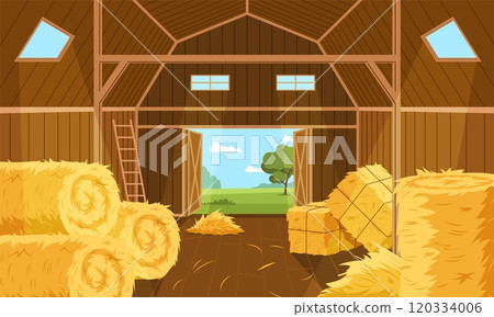 Hay storage barn interior. Wooden room with yellow straw rolls, blocks, dry grass for livestock feed, wheat stalks, countryside background cartoon flat isolated illustration, nowaday vector concept 120334006