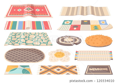 Color textile mats. Wool interior textile, cozy home fabric elements, fluffy patterned doormat, funny carpets different shapes, ethnic and contemporary cartoon flat isolated vector set 120334010