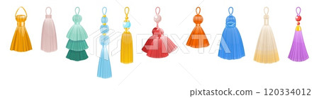 Fabric tassels. Fashion thread brushes, decorative clothes, accessories elements, color hanging trinket, handbag or jewelry, window curtain decoration. Garment fringe embellishment vector set Fabric tassels. Fashion thread brushes, decorative clothes, accessories elements, color hanging trinket, handbag or jewelry, window curtain decoration. Garment fringe embellishment vector set 120334012