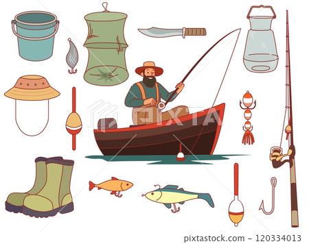 Fisherman and fishing equipment. Happy bearded man in boat with rod on lake, gear and nets, spinners, bucket and floats, hobby and recreation outdoors, cartoon flat, vector isolated elements set Fisherman and fishing equipment. Happy bearded man in boat with rod on lake, gear and nets, spinners, bucket and floats, hobby and recreation outdoors, cartoon flat, vector isolated elements set 120334013