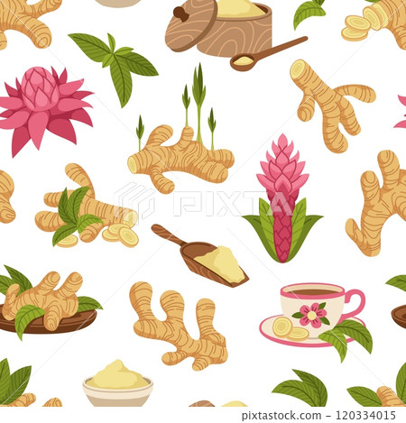 Ginger root seamless pattern. Repeated healthy spicy product, leaves, flowers and roots, immunity boosting plant. Decor textile, wrapping, wallpaper. Print for fabric, tidy vector background Ginger root seamless pattern. Repeated healthy spicy product, leaves, flowers and roots, immunity boosting plant. Decor textile, wrapping, wallpaper. Print for fabric, tidy vector background 120334015
