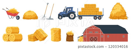 Haystacks and farm tools. Agricultural elements, golden straw heaps, rolls and blocks, barn for storing straw, tractor and barn, nowaday vector cartoon flat style isolated livestock set Haystacks and farm tools. Agricultural elements, golden straw heaps, rolls and blocks, barn for storing straw, tractor and barn, nowaday vector cartoon flat style isolated livestock set 120334016