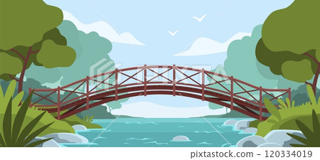 Rustic wooden bridge crossing river. Picturesque nature landscape, deciduous green trees, forest, tourism and travel rustic background, cartoon flat style isolated nowaday vector concept Rustic wooden bridge crossing river. Picturesque nature landscape, deciduous green trees, forest, tourism and travel rustic background, cartoon flat style isolated nowaday vector concept 120334019