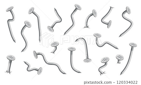 Steel bent nails. Hammered metal elements, joiner connectors, curved silver hobnails, iron carpentry, checkered heads, curved fastening carpentry, building pins nowaday vector isolated set 120334022