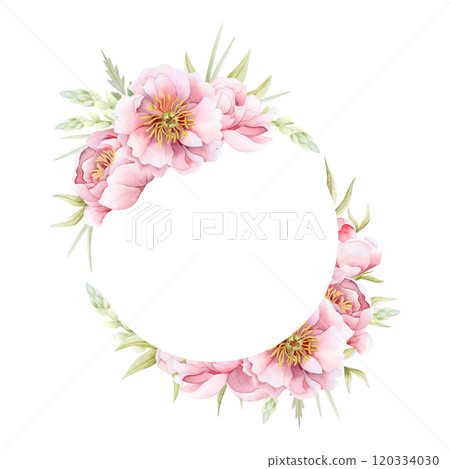 Floral wedding invitation template with paste pink peonies. Watercolor round wreath frame of white peony flowers isolated illustration. Garden roses clipart. Mothers Day stickers with copy space Floral wedding invitation template with paste pink peonies. Watercolor round wreath frame of white peony flowers isolated illustration. Garden roses clipart. Mothers Day stickers with copy space 120334030