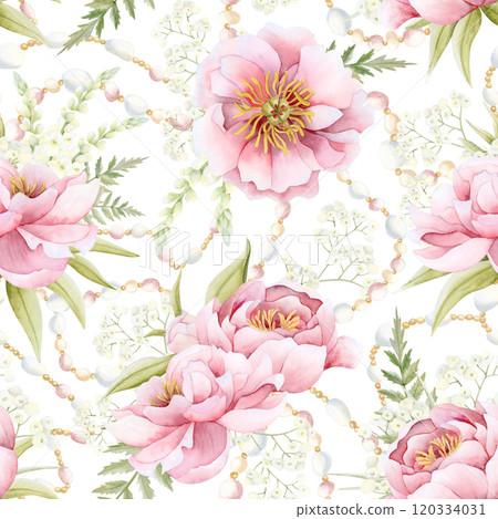 Wedding pink peonies, white flowers, fern leaves and bridal pearl jewelry watercolor seamless pattern. Floral garden roses repeat background for spring or Mother's Day design and fabrics 120334031